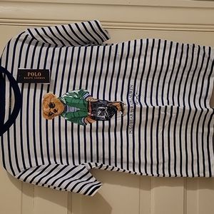 Women's Polo Bear shirt. White with blue stripes.